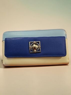 Catherine Malandrino Blue, Light Blue & Cream Trifold Wallet with Silver Emblem
